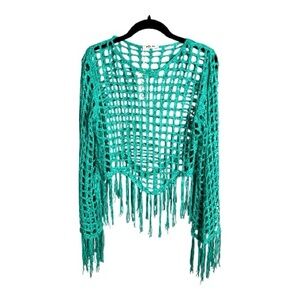 Aolro Teal Open Knit Long Sleeve Fringe Hem Sweater Size Medium